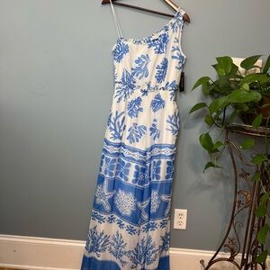 TAYLOR Blue and White One Shoulder Wide Leg Jumpsuit. Pockets. NWT. Medium